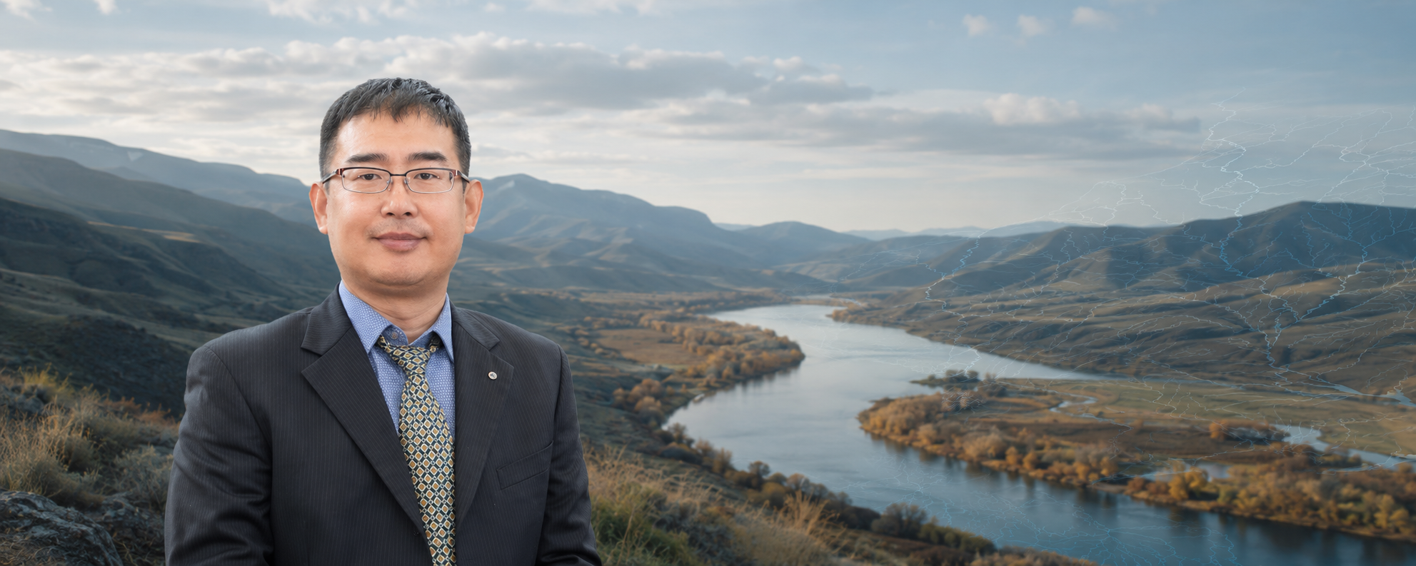 Lifeng Yuan in front of a river basin landscape