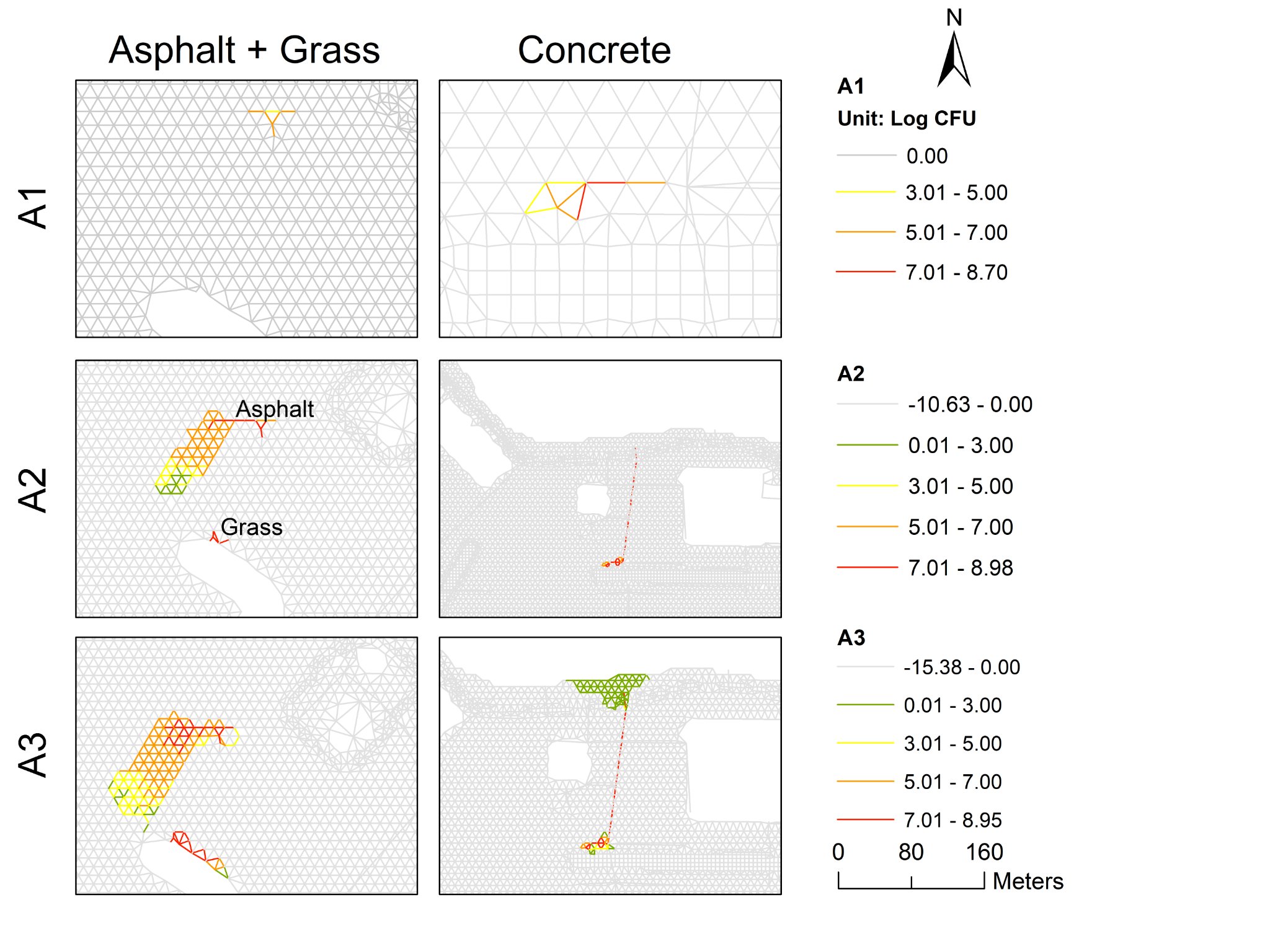 Six maps comparing simulated biological-agent transport across asphalt and grass surfaces and concrete surfaces for scenarios A1, A2, and A3
